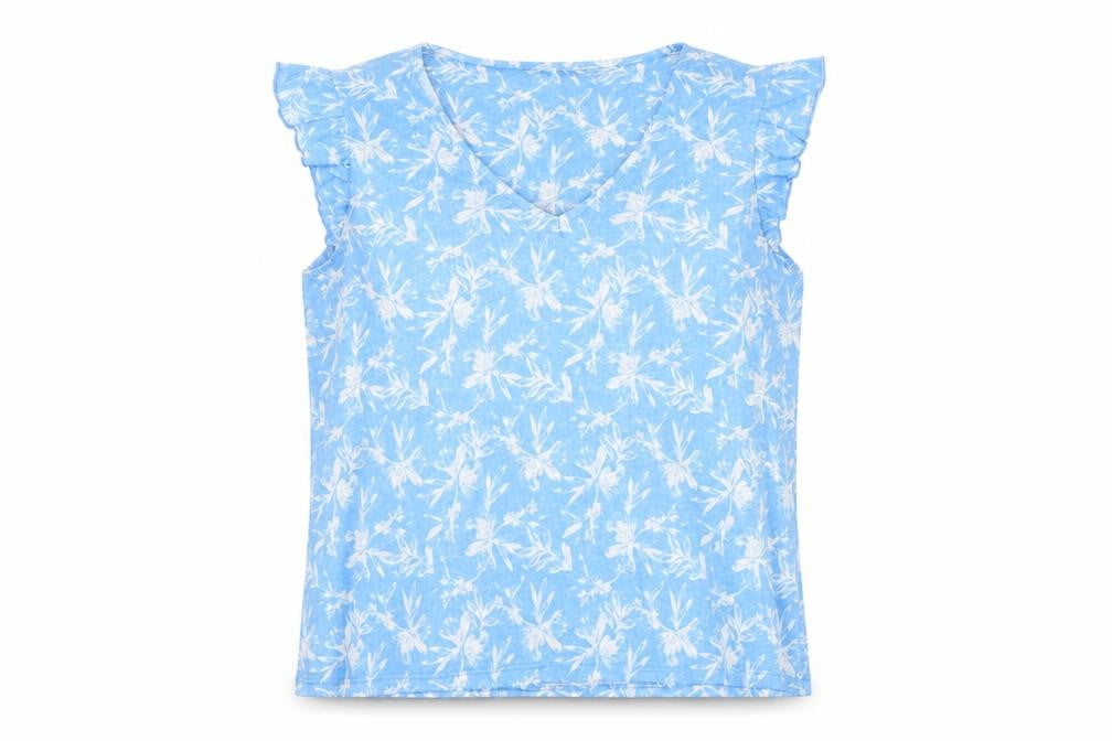 Dunnes Stores Womens Blue Floral Polyester Basic T-Shirt Size XL V-Neck