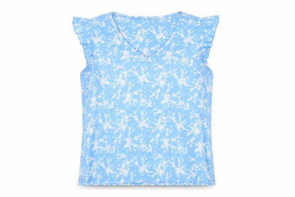 Dunnes Womens Blue Floral Polyester Basic T-Shirt Size XL V-Neck