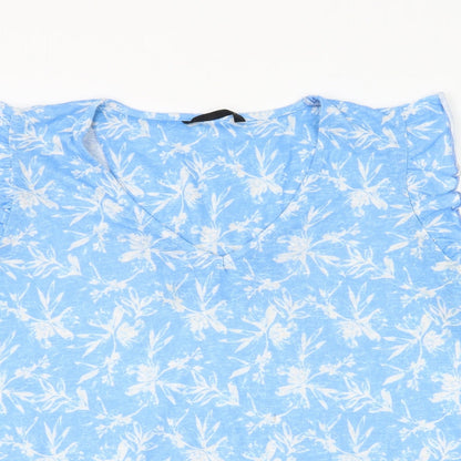Dunnes Womens Blue Floral Polyester Basic T-Shirt Size XL V-Neck