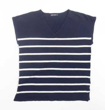 Dunnes Womens Blue Striped Viscose Basic T-Shirt Size XS V-Neck