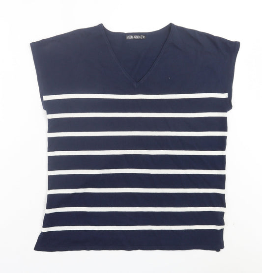 Dunnes Stores Womens Blue Striped Viscose Basic T-Shirt Size XS V-Neck
