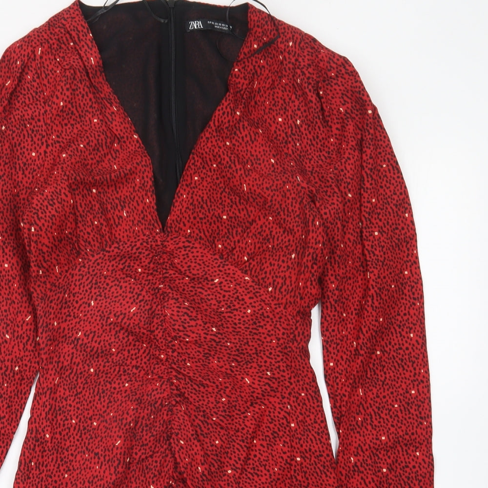 Zara Womens Red Lyocell Mini Size XS V-Neck Zip