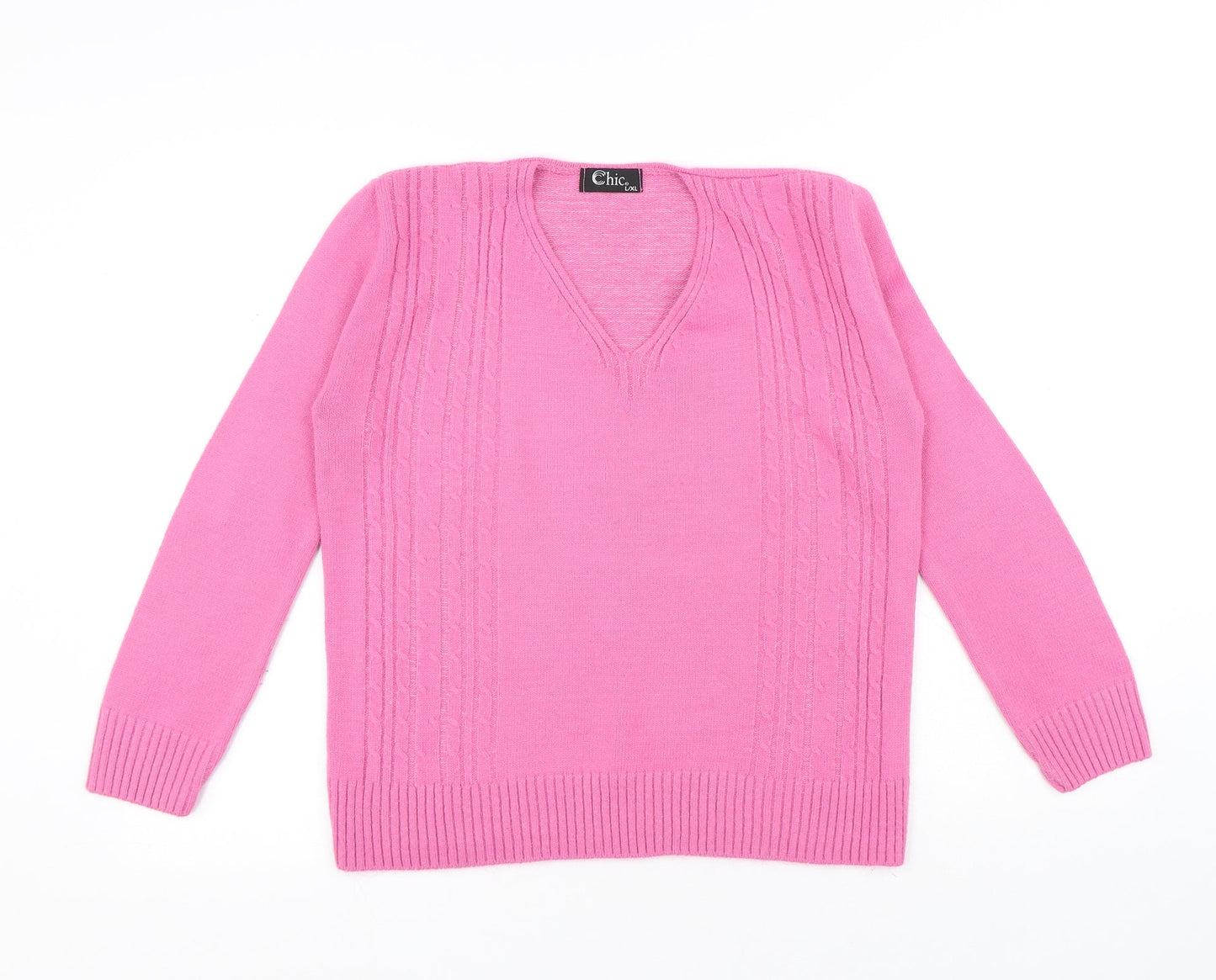 CHIC Womens Pink V-Neck Acrylic Pullover Jumper Size L
