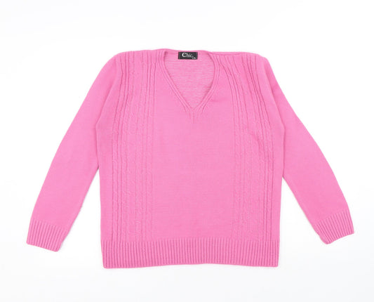 CHIC Womens Pink V-Neck Acrylic Pullover Jumper Size L