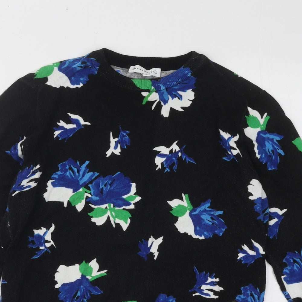 Warehouse Womens Black Round Neck Floral Cotton Pullover Jumper Size 8