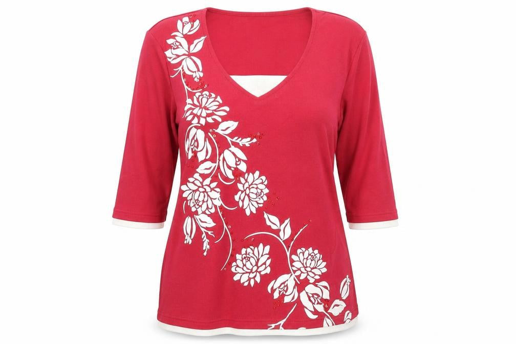 BM Womens Red Polyester Basic T-Shirt Size L V-Neck - Flowers
