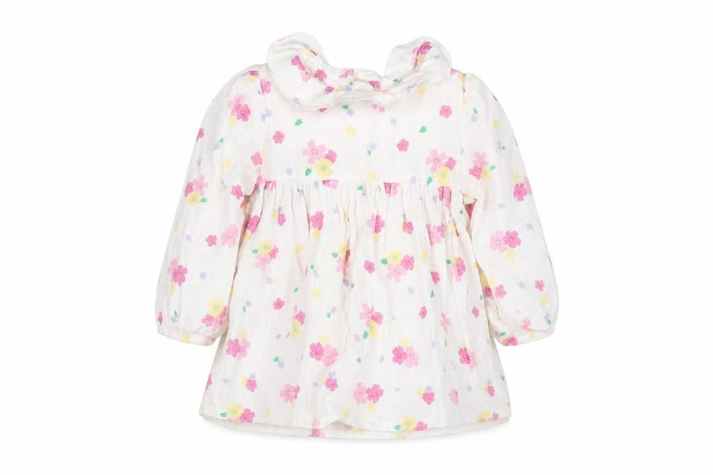 Marks & Spencer Girls White Floral 100% Cotton A-Line Size 3-6 Months Crew Neck Button