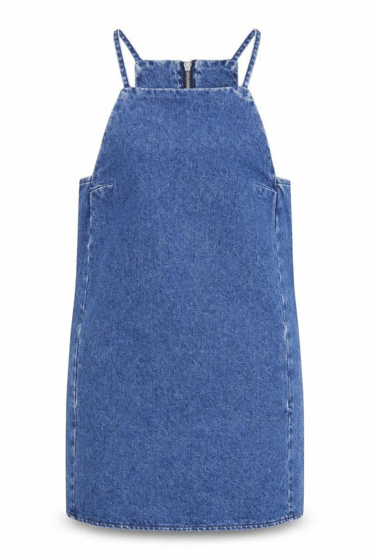 Topshop Womens Blue Cotton Pinafore/Dungaree Dress Size 4 Scoop Neck Zip