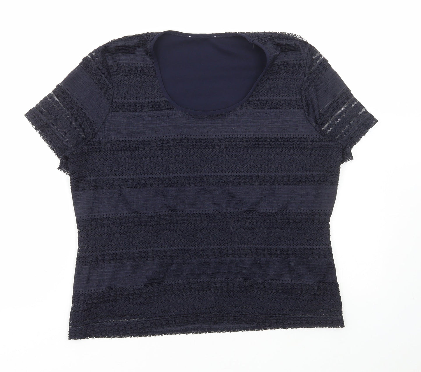 Preworn Womens Blue Polyester Basic T-Shirt Size L Scoop Neck - Lace Detail