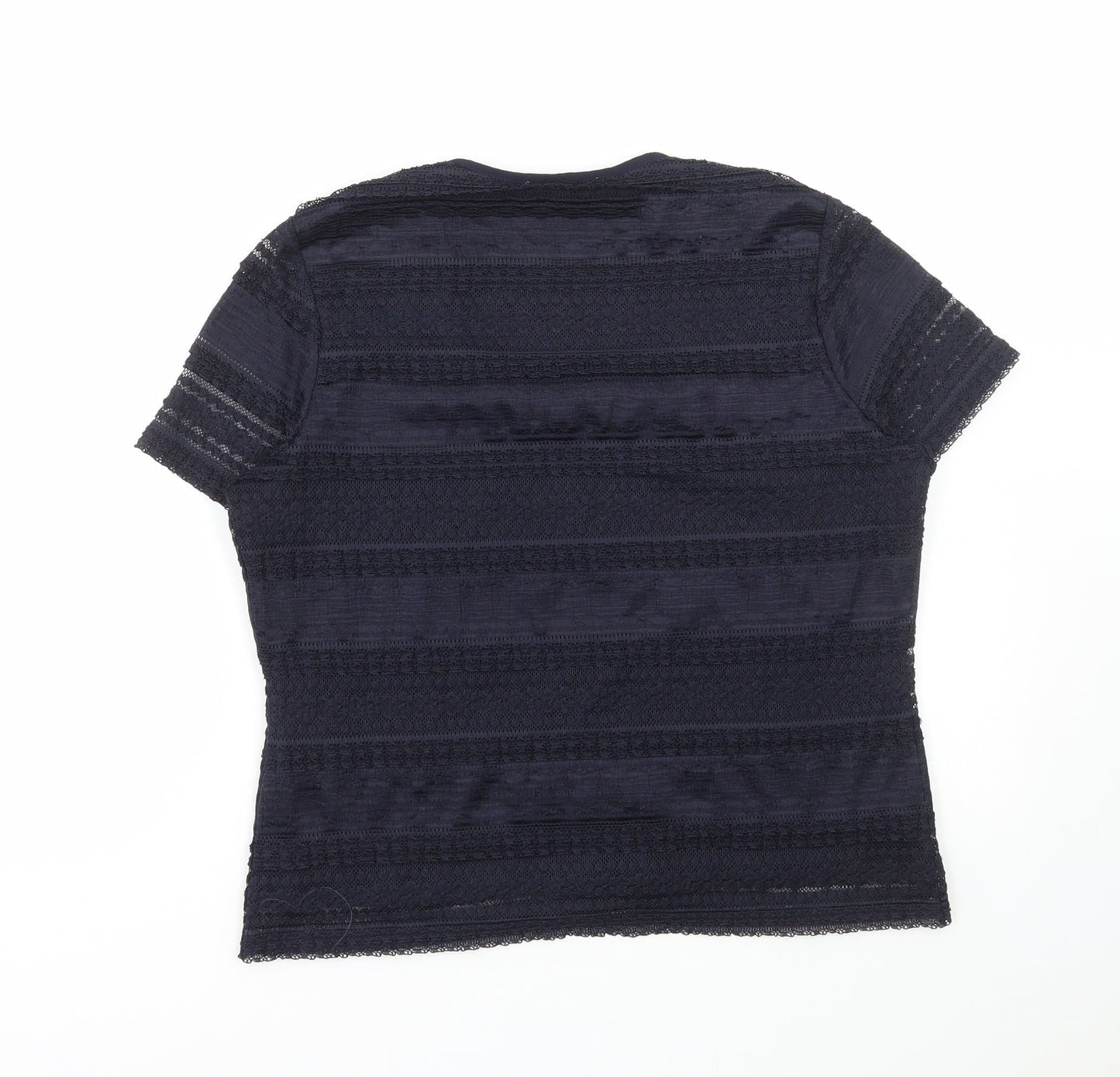 Preworn Womens Blue Polyester Basic T-Shirt Size L Scoop Neck - Lace Detail