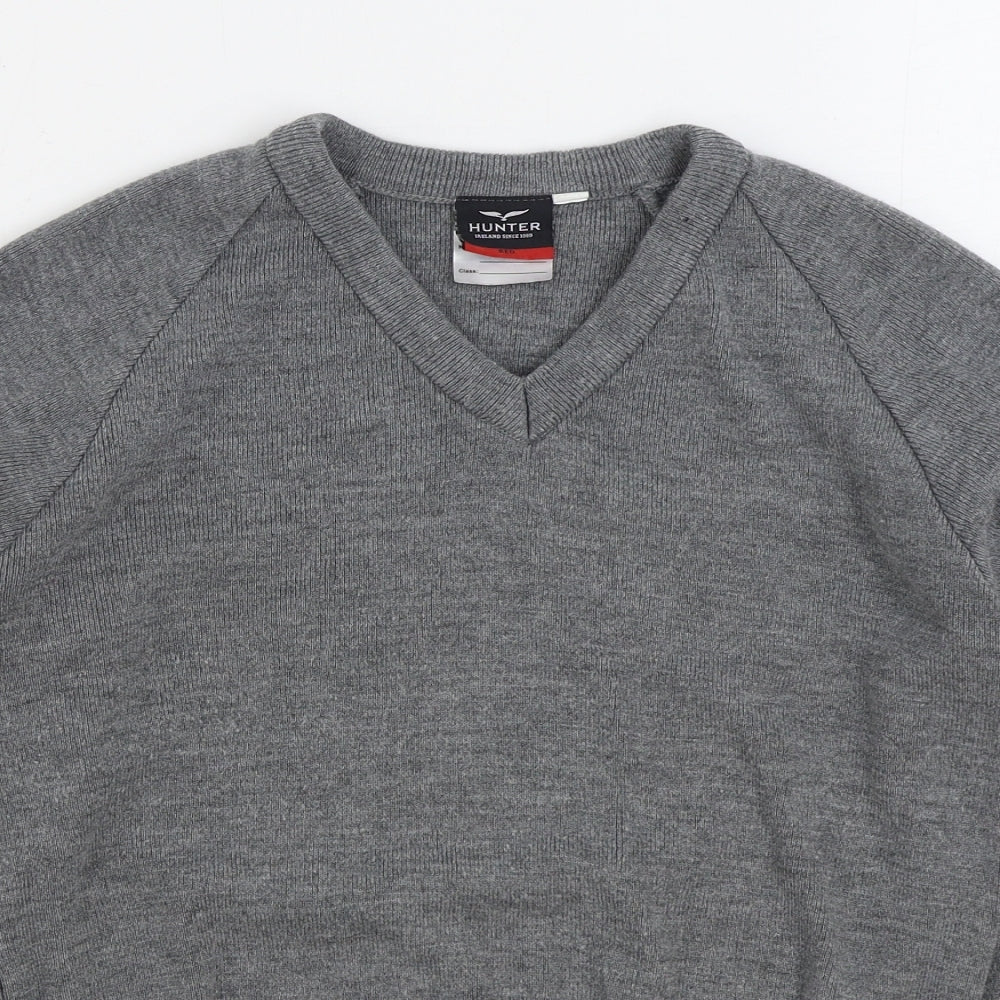 Hunter Mens Grey V-Neck Acrylic Pullover Jumper Size S