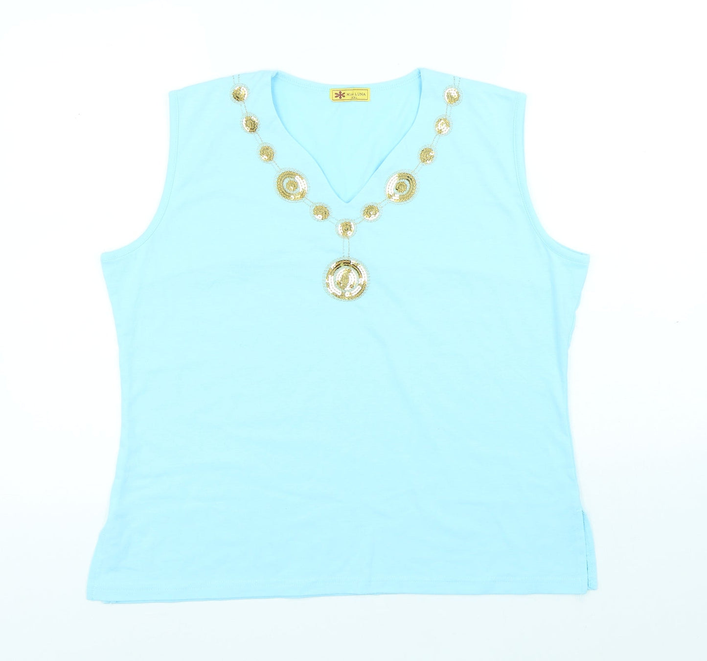 Miss Luna Womens Blue Cotton Basic Tank Size 2XL V-Neck