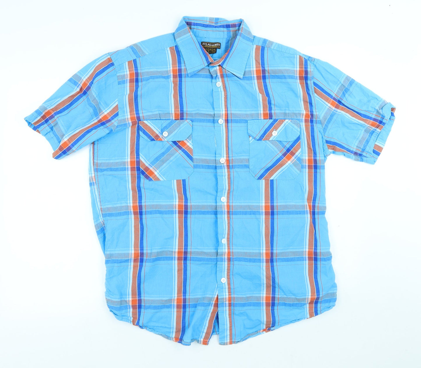 Atlas for Men Mens Blue Plaid Cotton Button-Up Size L Collared Button
