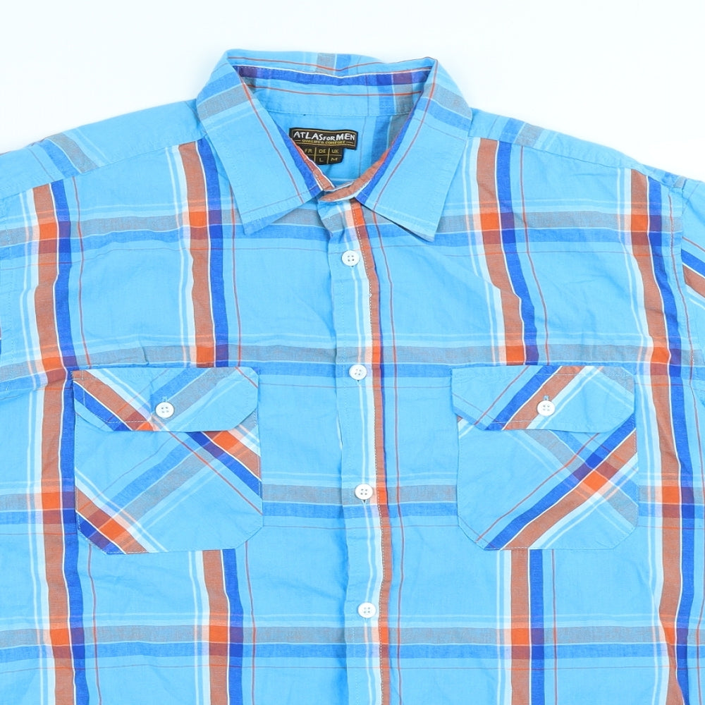 Atlas for Men Mens Blue Plaid Cotton Button-Up Size L Collared Button
