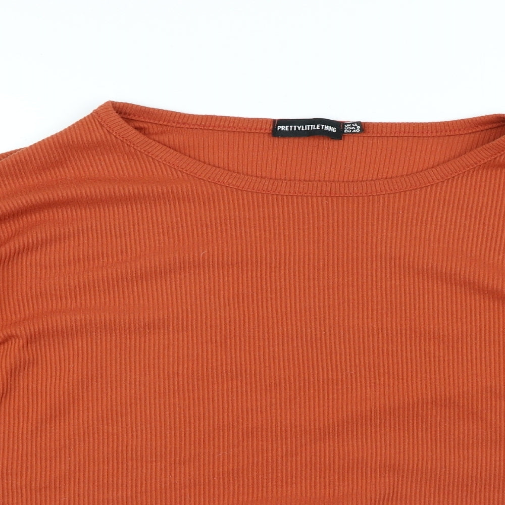 PRETTYLITTLETHING Womens Orange Polyester Basic T-Shirt Size 12 Round Neck - Cropped