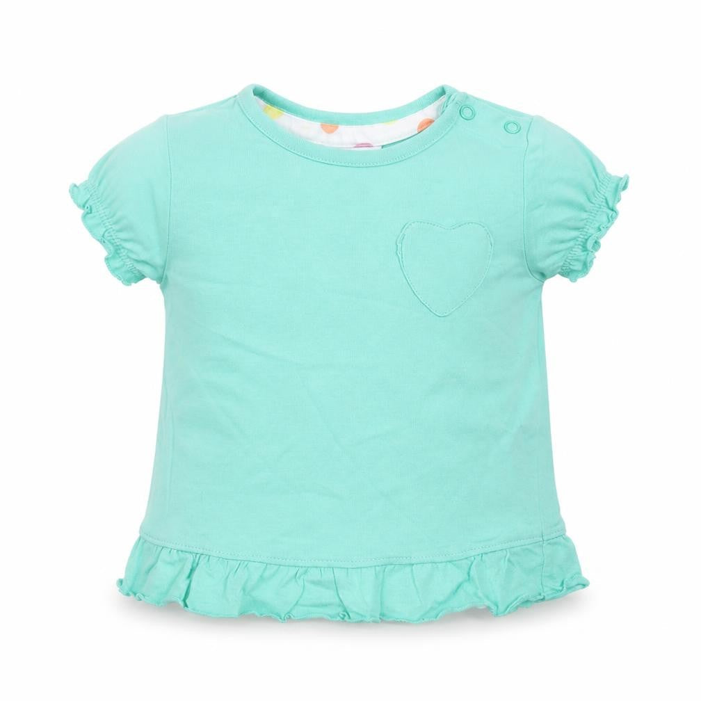 F&F Girls Green Cotton Basic T-Shirt Size 3-6 Months Crew Neck Button - Heart