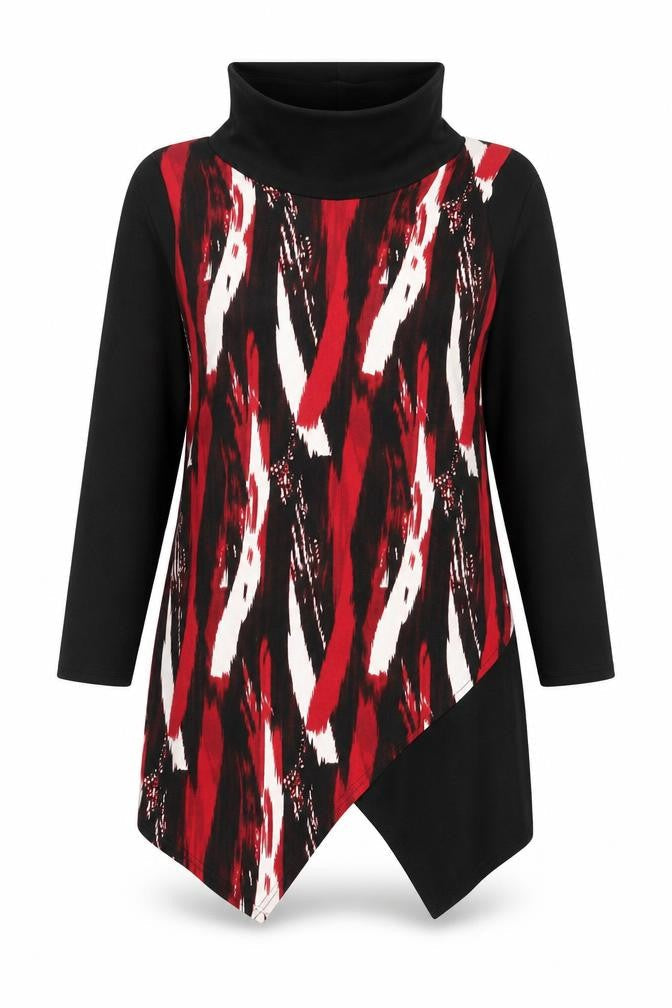 Marble Womens Red Geometric Polyester A-Line Size M Roll Neck Pullover