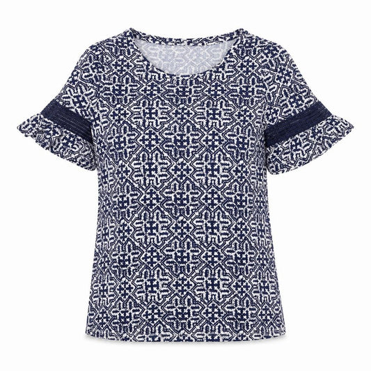 F&F Womens Blue Geometric Viscose Basic T-Shirt Size 8 Round Neck