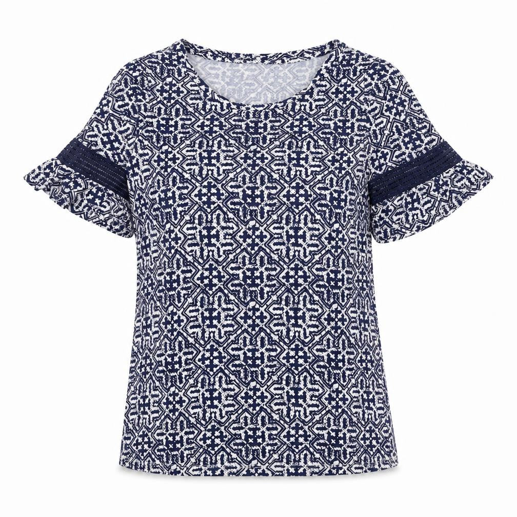 F&F Womens Blue Geometric Viscose Basic T-Shirt Size 8 Round Neck