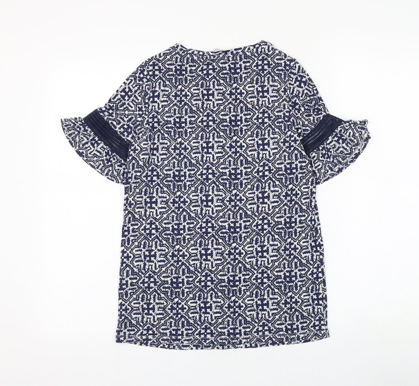 F&F Womens Blue Geometric Viscose Basic T-Shirt Size 8 Round Neck