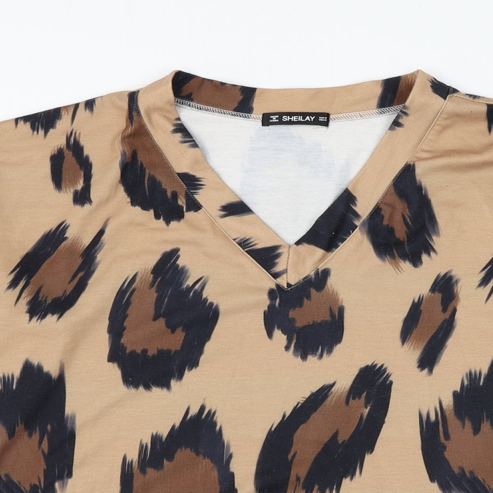 Sheilay Womens Brown V-Neck Animal Print Polyester Pullover Jumper Size M