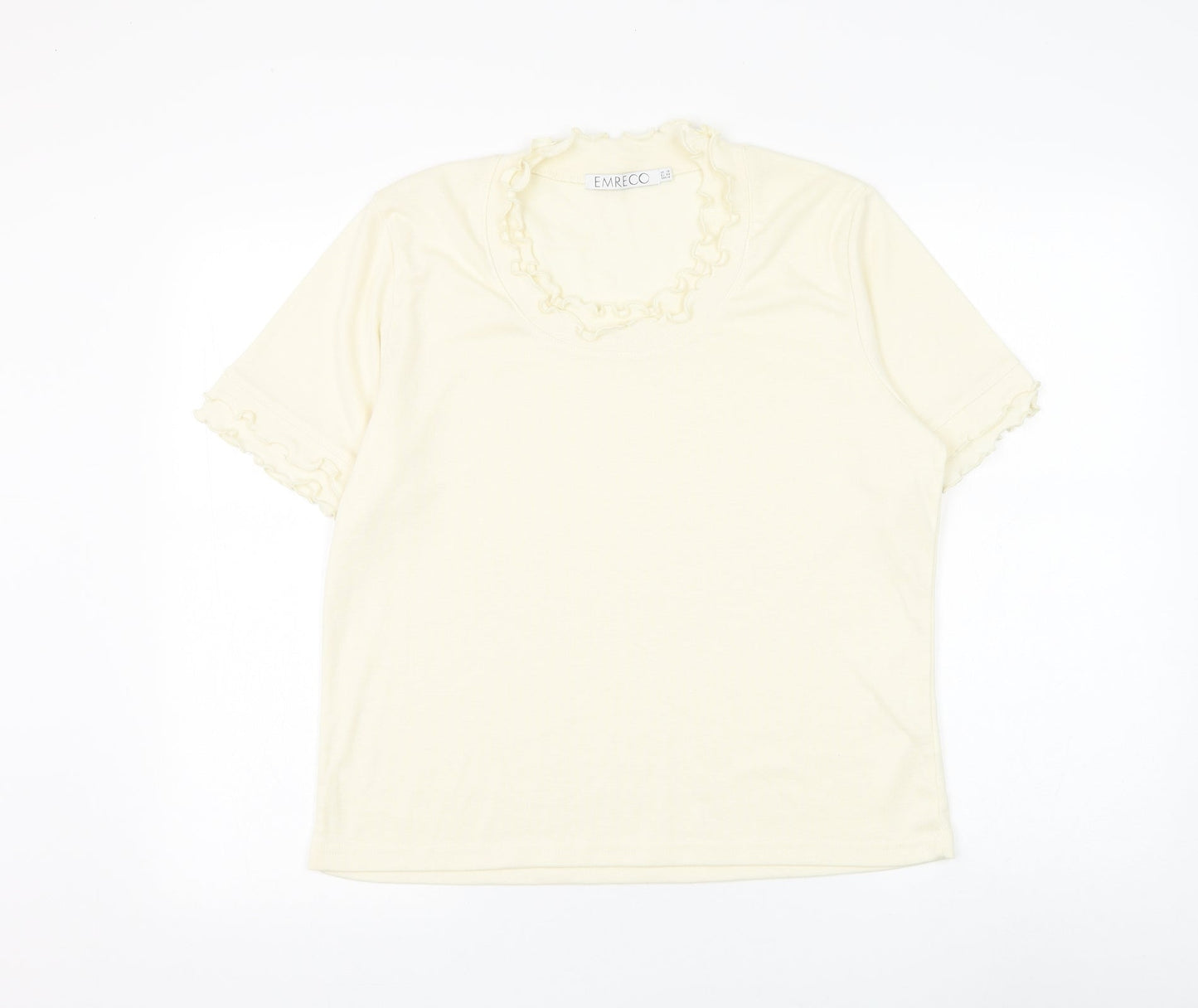 Emreco Womens Ivory Polyester Basic T-Shirt Size 10 Round Neck - Lettuce Hem