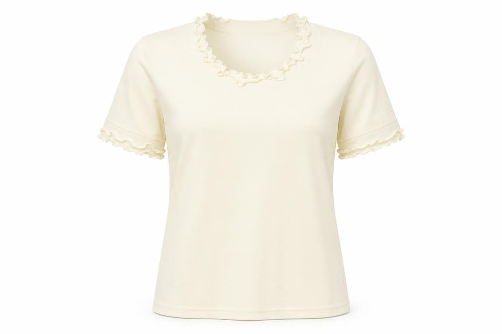 Emreco Womens Ivory Polyester Basic T-Shirt Size 10 Round Neck - Lettuce Hem