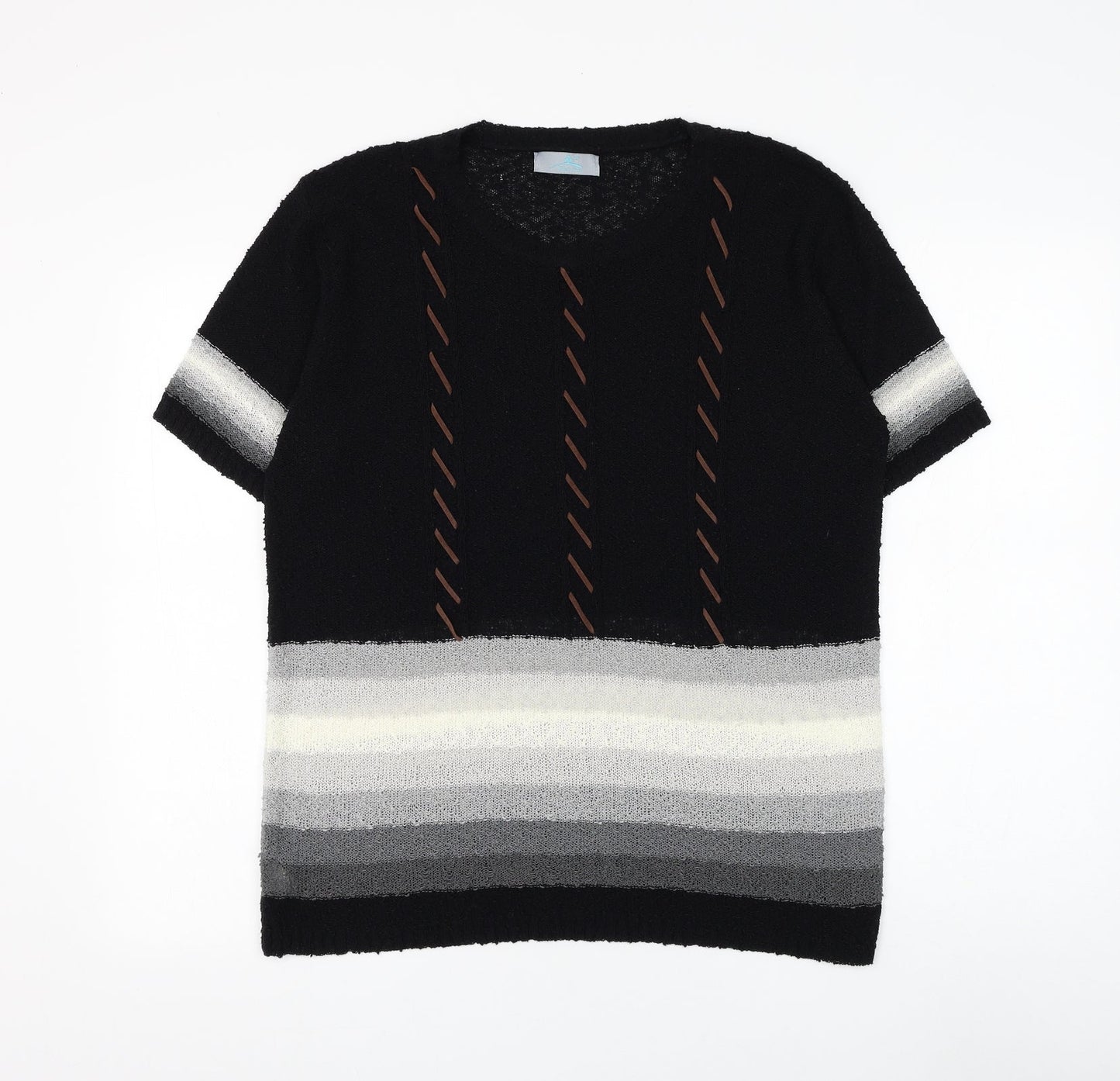 Welyine Womens Black Round Neck Striped Polyester Pullover Jumper Size M