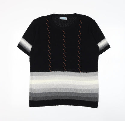 Welyine Womens Black Round Neck Striped Polyester Pullover Jumper Size M