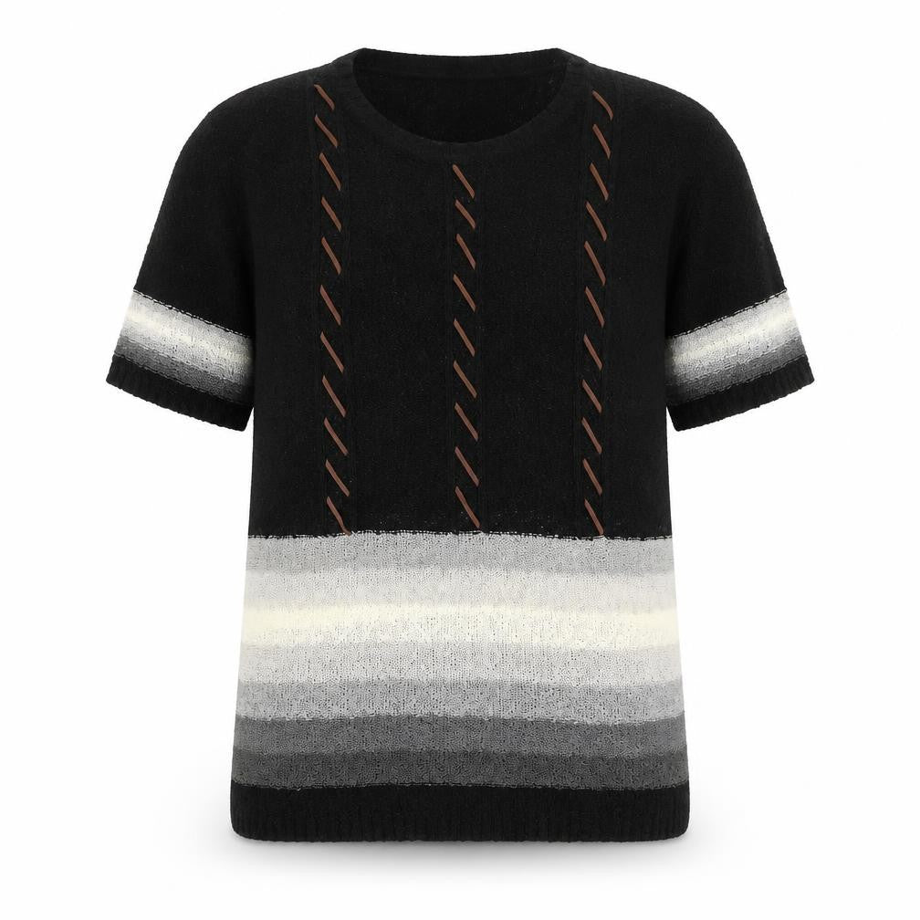 Welyine Womens Black Round Neck Striped Polyester Pullover Jumper Size M