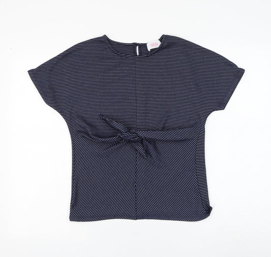 Savida Womens Blue Striped Polyester Basic T-Shirt Size M Round Neck - Knot Front