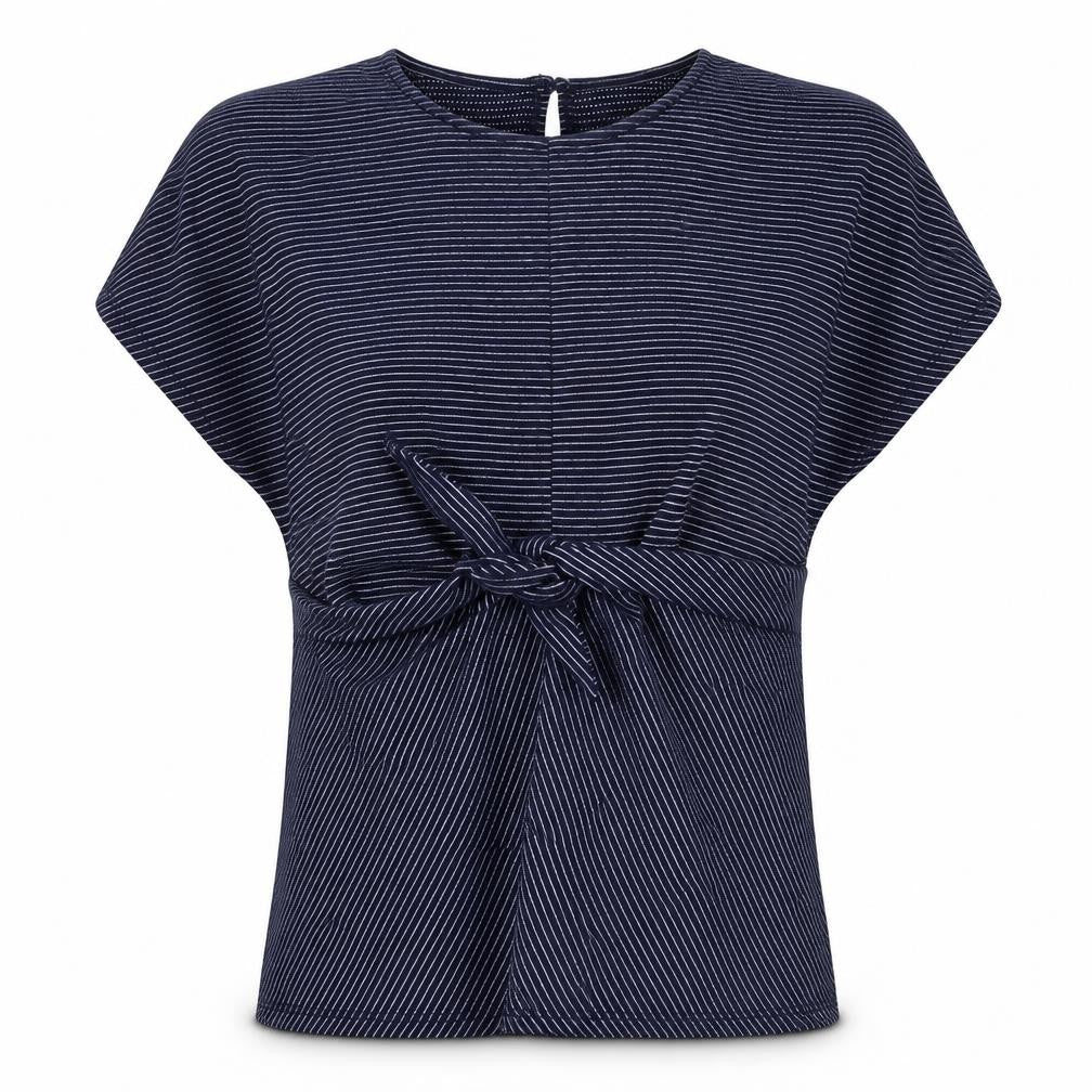 Savida Womens Blue Striped Polyester Basic T-Shirt Size M Round Neck - Knot Front