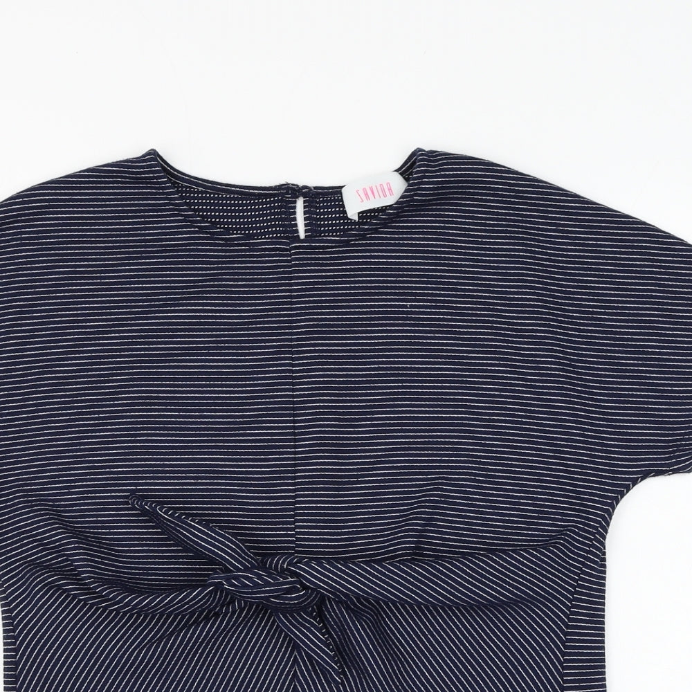 Savida Womens Blue Striped Polyester Basic T-Shirt Size M Round Neck - Knot Front