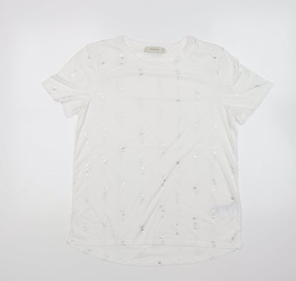 Oasis Womens White Geometric Polyester Basic T-Shirt Size M Round Neck