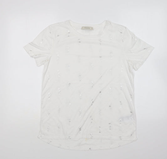 Oasis Womens White Geometric Polyester Basic T-Shirt Size M Round Neck