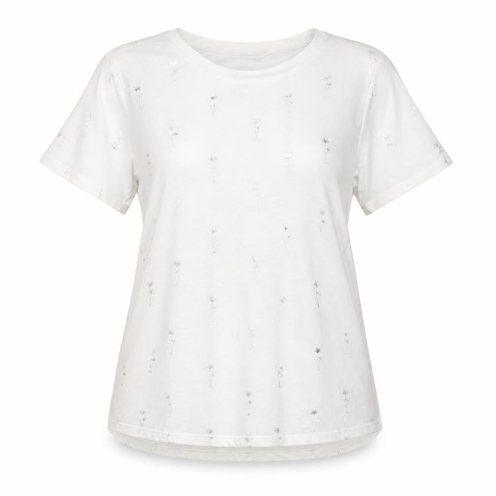 Oasis Womens White Geometric Polyester Basic T-Shirt Size M Round Neck