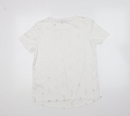 Oasis Womens White Geometric Polyester Basic T-Shirt Size M Round Neck