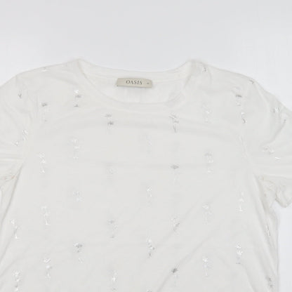 Oasis Womens White Geometric Polyester Basic T-Shirt Size M Round Neck