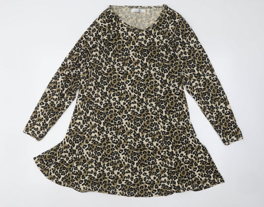 Label Be Womens Multicoloured Animal Print Cotton Skater Dress Size 14 Round Neck Pullover - Leopard pattern
