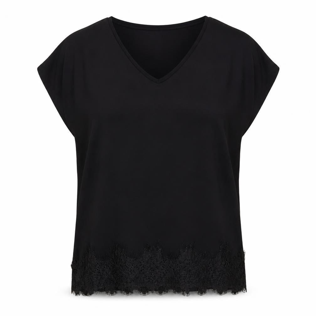 Dunnes Stores Womens Black Polyester Basic Blouse Size L V-Neck - Lace Detail