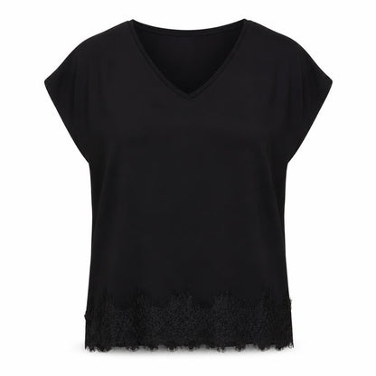 Dunnes Womens Black Polyester Basic Blouse Size L V-Neck - Lace Detail