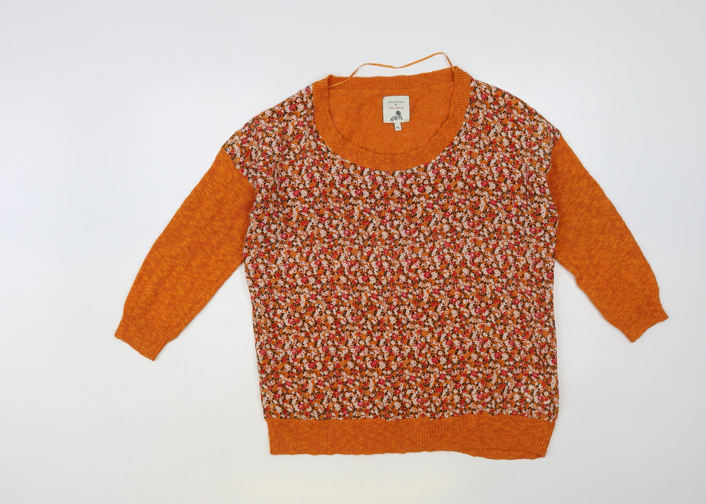 Jackpot Womens Orange Scoop Neck Floral Cotton Pullover Jumper Size 2XL