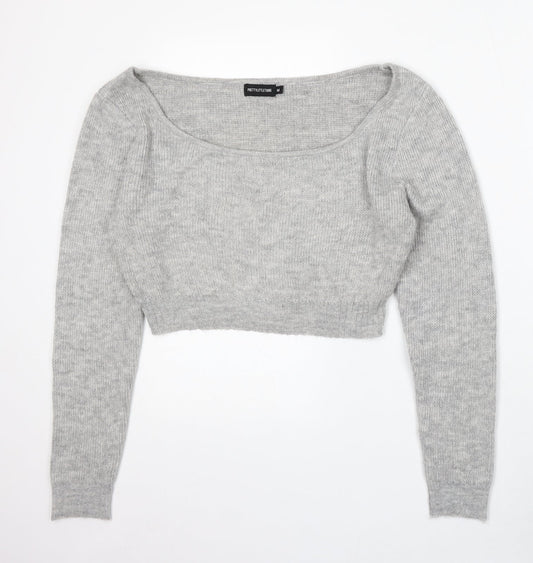 PRETTYLITTLETHING Womens Grey Boat Neck Acrylic Pullover Jumper Size M