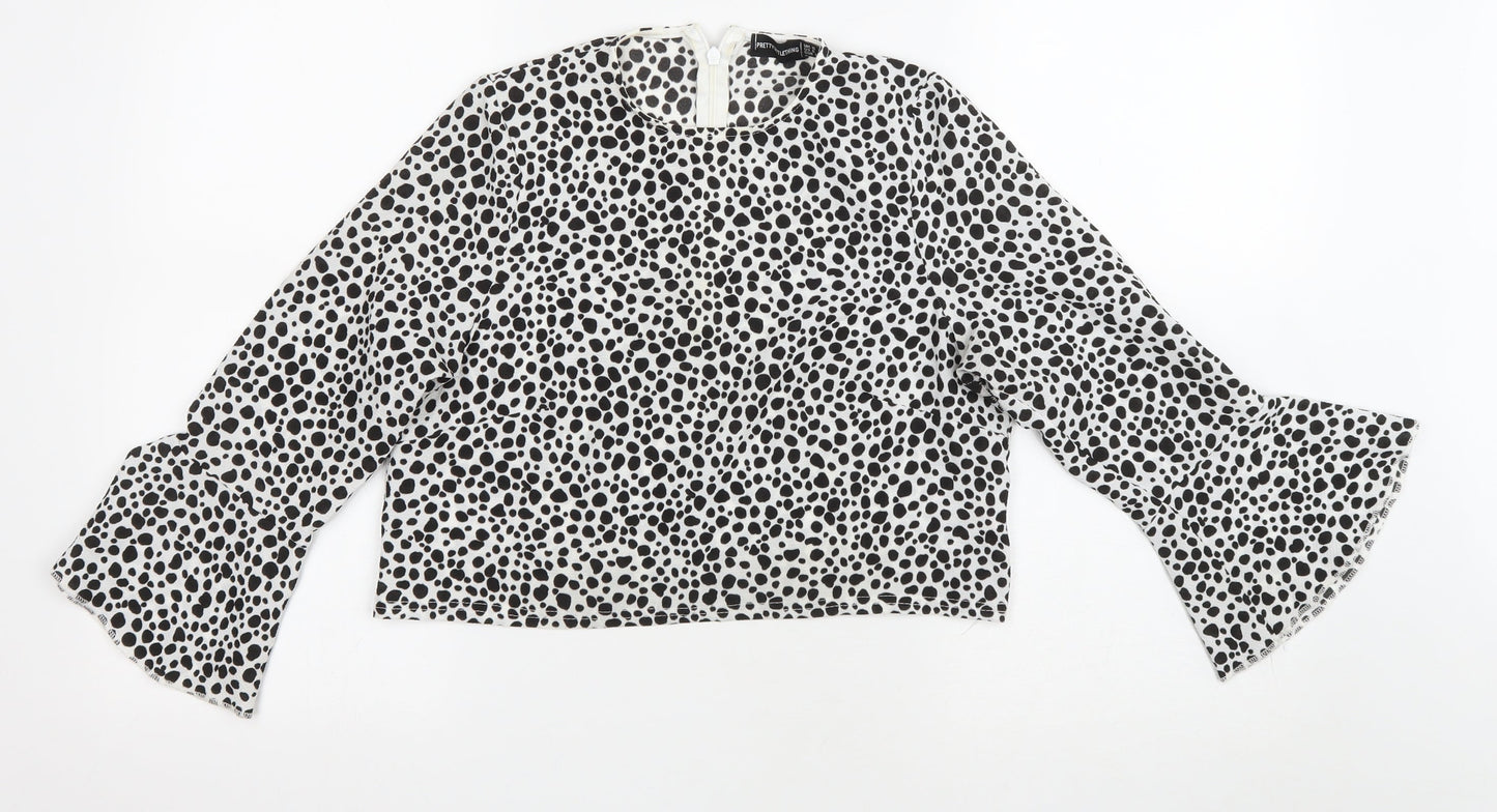 PRETTYLITTLETHING Womens White Animal Print Polyester Cropped T-Shirt Size 10 Round Neck - Dalmatian print