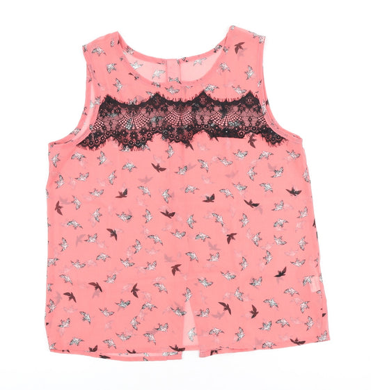 Atmosphere Womens Pink Geometric Polyester Basic Blouse Size 12 Round Neck - Bird print & lace detail