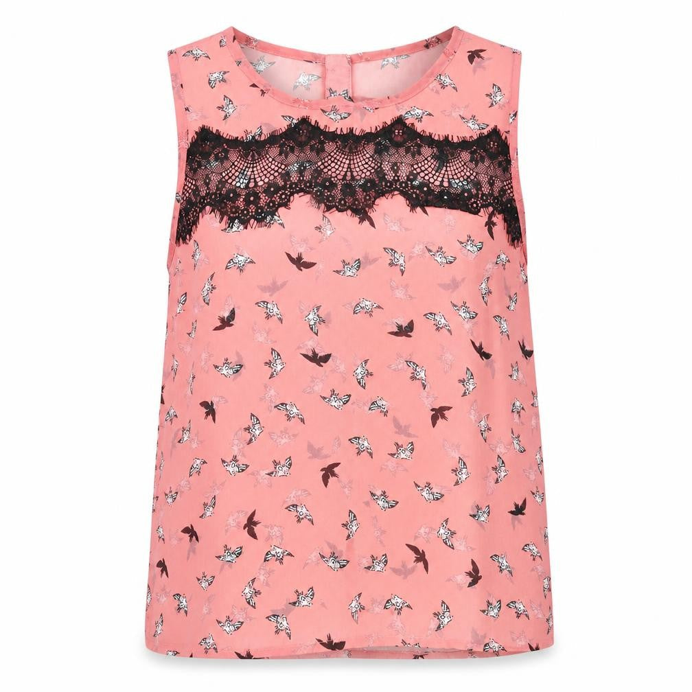 Atmosphere Womens Pink Geometric Polyester Basic Blouse Size 12 Round Neck - Bird print & lace detail