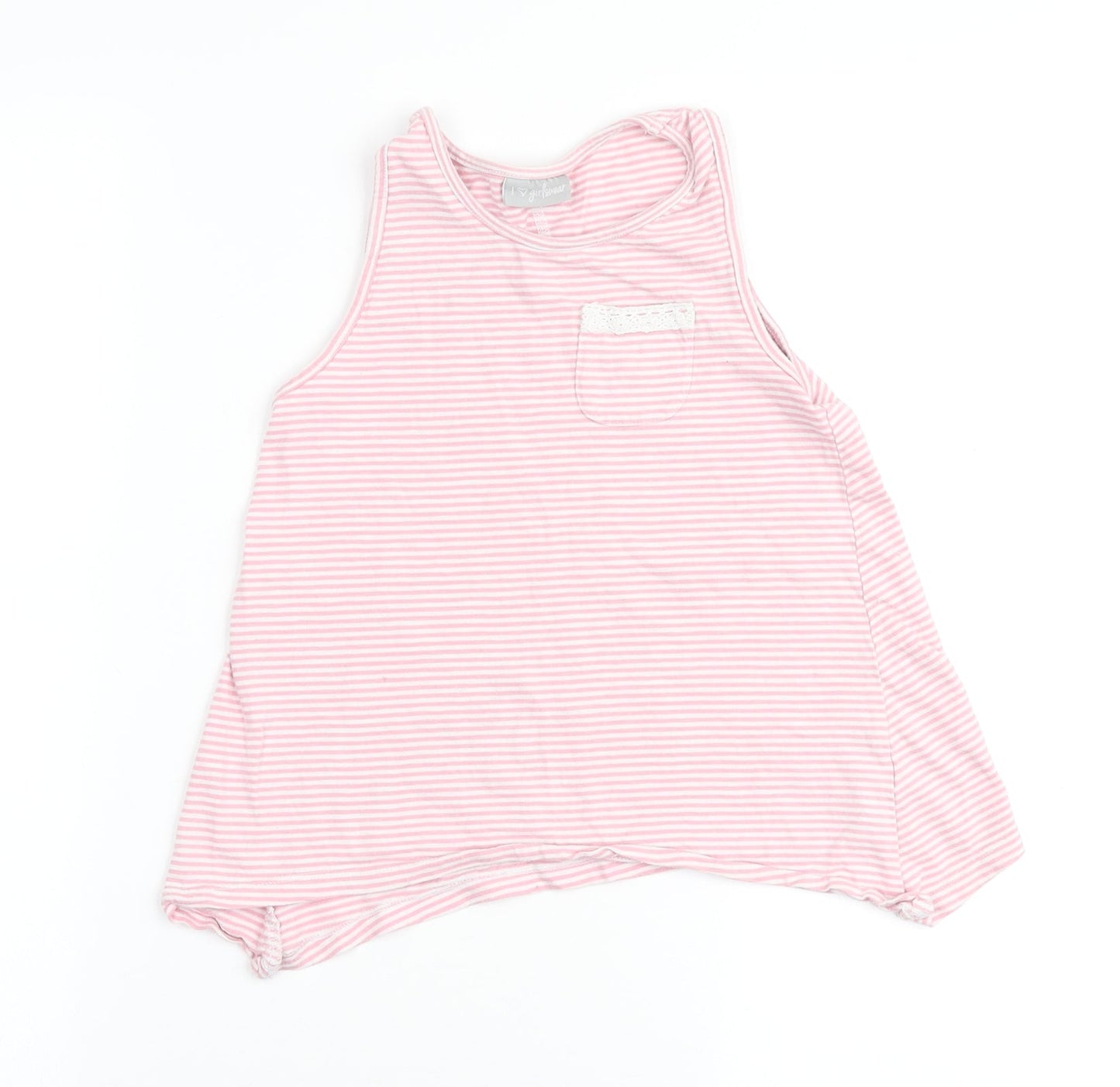 I love Girlswear Girls Pink Striped Cotton Basic Tank Size 7 Years Round Neck - Pocket Detail with lace