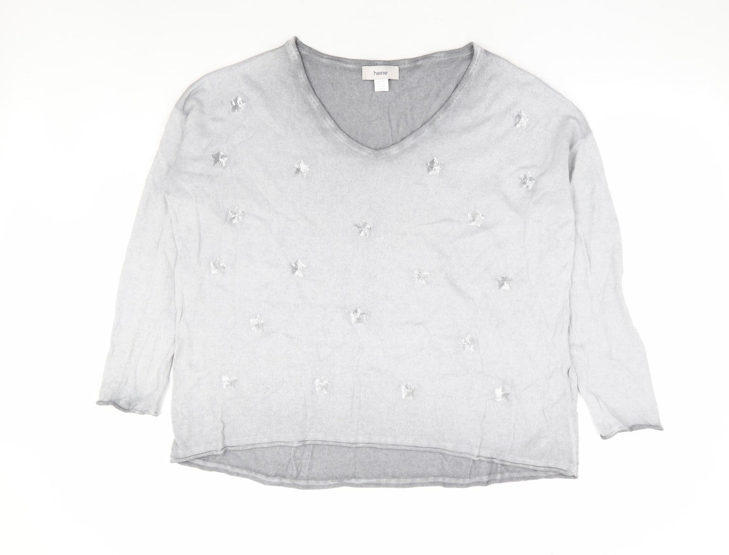 HEINE Womens Grey V-Neck Geometric 100% Cotton Pullover Jumper Size 10 - Stars