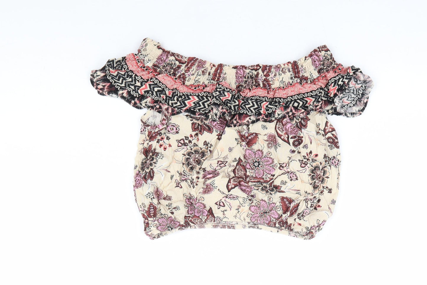New Look Womens Multicoloured Floral Viscose Cropped Blouse Size 10 Off the Shoulder