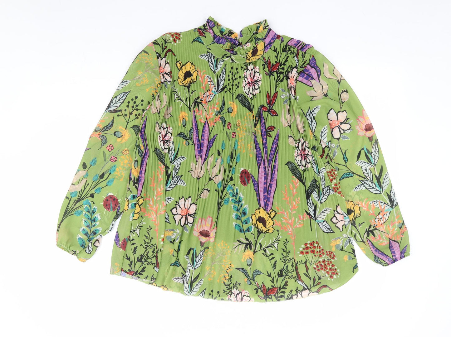 Preworn Womens Green Floral Polyester Jersey Blouse Size S Crew Neck